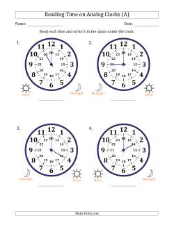 Reading 24 Hour Time on Analog Clocks in One Hour Intervals (4 Large Clocks)