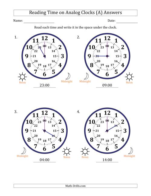 The Reading 24 Hour Time on Analog Clocks in One Hour Intervals (4 Large Clocks) (A) Math Worksheet Page 2