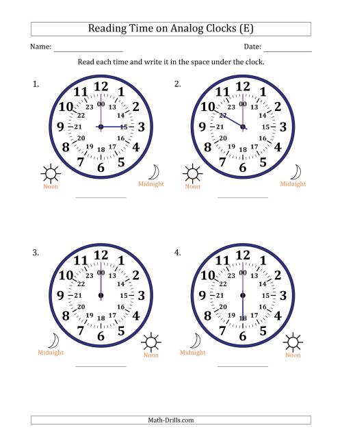 The Reading 24 Hour Time on Analog Clocks in One Hour Intervals (4 Large Clocks) (E) Math Worksheet
