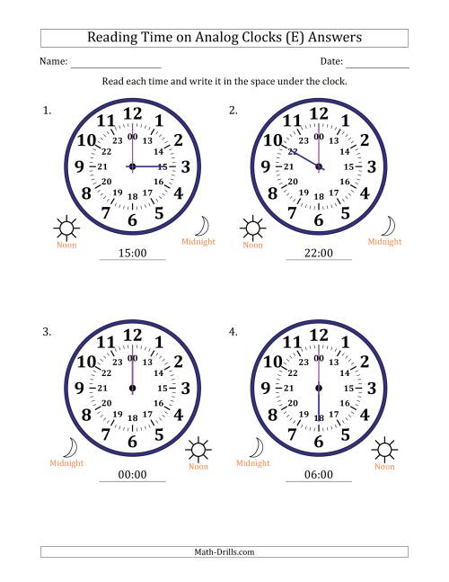 The Reading 24 Hour Time on Analog Clocks in One Hour Intervals (4 Large Clocks) (E) Math Worksheet Page 2