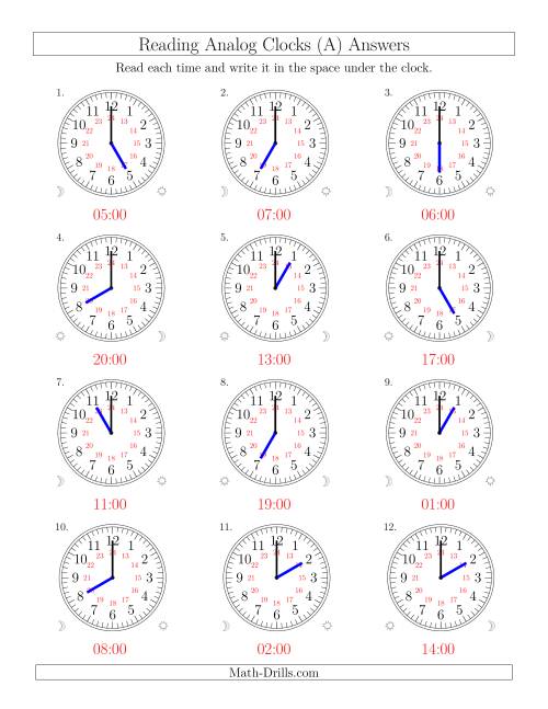 The Reading Time on 24 Hour Analog Clocks in Hour Intervals (Old) Math Worksheet Page 2