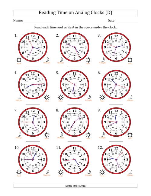 The Reading 24 Hour Time on Analog Clocks in 1 Second Intervals (12 Clocks) (D) Math Worksheet