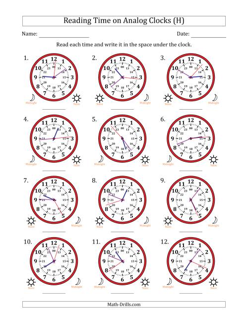 The Reading 24 Hour Time on Analog Clocks in 1 Second Intervals (12 Clocks) (H) Math Worksheet
