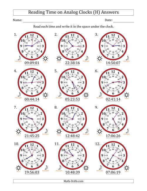 The Reading 24 Hour Time on Analog Clocks in 1 Second Intervals (12 Clocks) (H) Math Worksheet Page 2