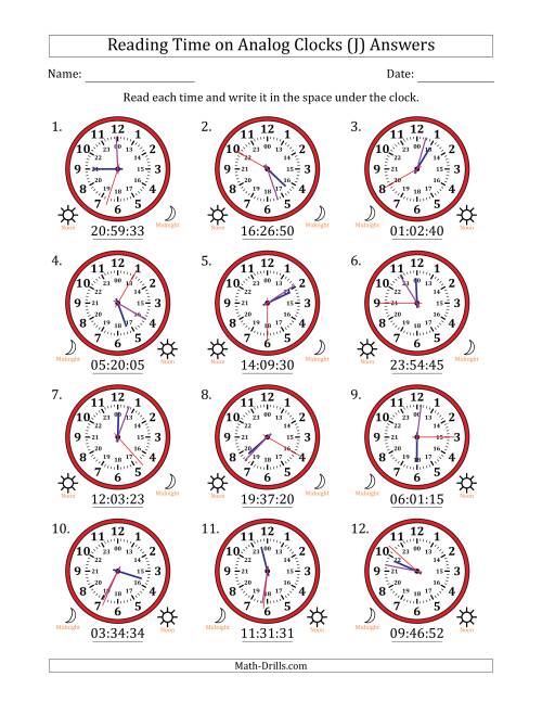 The Reading 24 Hour Time on Analog Clocks in 1 Second Intervals (12 Clocks) (J) Math Worksheet Page 2