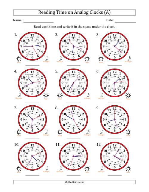The Reading 24 Hour Time on Analog Clocks in 1 Second Intervals (12 Clocks) (All) Math Worksheet