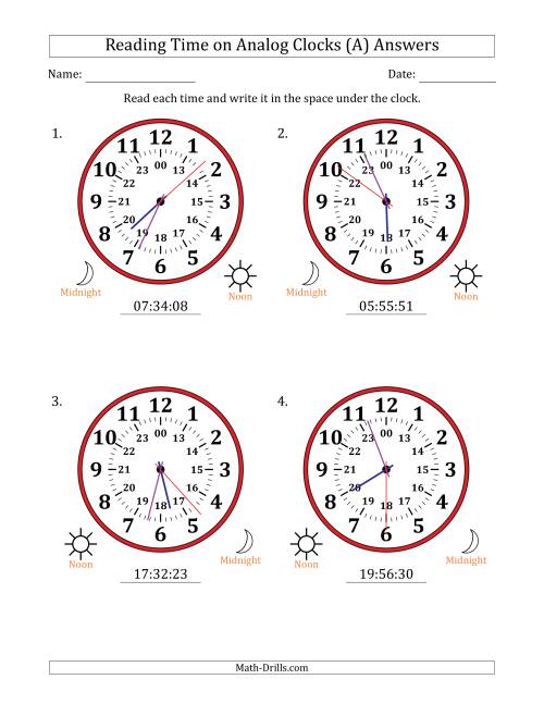 The Reading 24 Hour Time on Analog Clocks in 1 Second Intervals (4 Large Clocks) (All) Math Worksheet Page 2