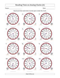 Reading 24 Hour Time on Analog Clocks in 5 Second Intervals (12 Clocks)