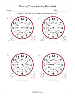 Reading 24 Hour Time on Analog Clocks in 5 Second Intervals (4 Large Clocks)