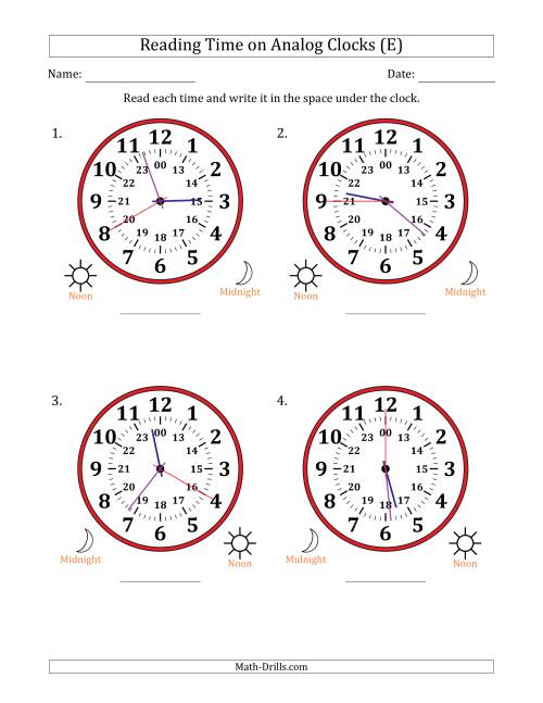 The Reading 24 Hour Time on Analog Clocks in 5 Second Intervals (4 Large Clocks) (E) Math Worksheet