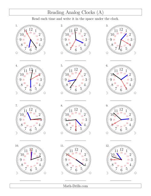 The Reading Time on 24 Hour Analog Clocks in 5 Second Intervals (Old) Math Worksheet