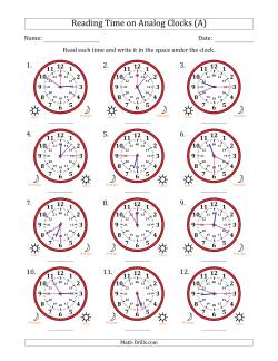 Reading 24 Hour Time on Analog Clocks in 15 Second Intervals (12 Clocks)