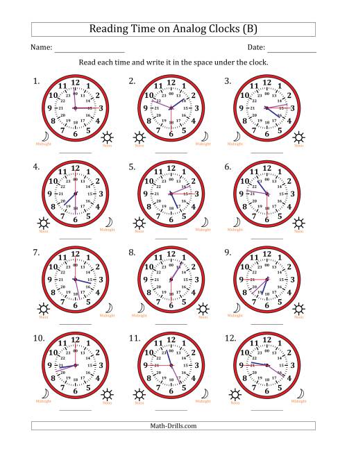 The Reading 24 Hour Time on Analog Clocks in 15 Second Intervals (12 Clocks) (B) Math Worksheet