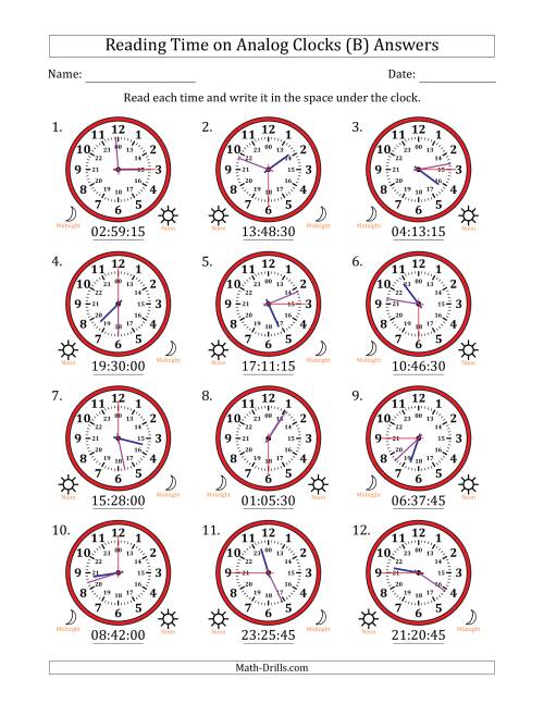 The Reading 24 Hour Time on Analog Clocks in 15 Second Intervals (12 Clocks) (B) Math Worksheet Page 2