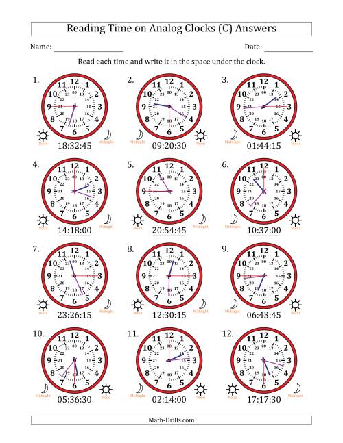 The Reading 24 Hour Time on Analog Clocks in 15 Second Intervals (12 Clocks) (C) Math Worksheet Page 2