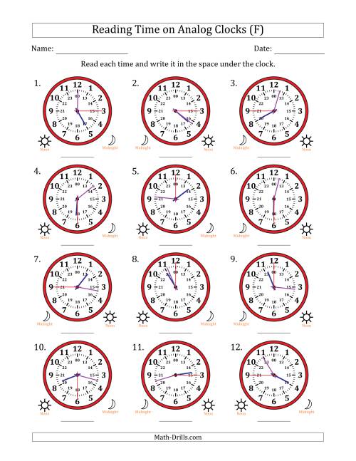 The Reading 24 Hour Time on Analog Clocks in 15 Second Intervals (12 Clocks) (F) Math Worksheet