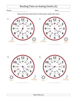 Reading 24 Hour Time on Analog Clocks in 15 Second Intervals (4 Large Clocks)