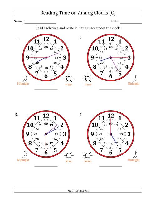 The Reading 24 Hour Time on Analog Clocks in 15 Second Intervals (4 Large Clocks) (C) Math Worksheet