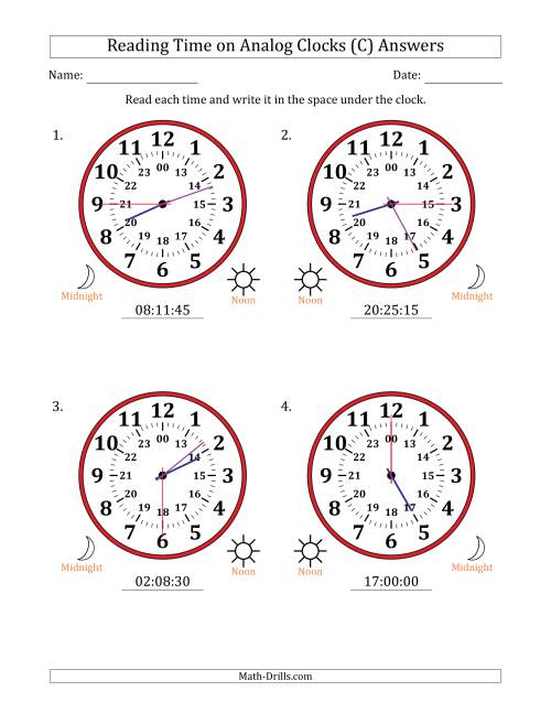 The Reading 24 Hour Time on Analog Clocks in 15 Second Intervals (4 Large Clocks) (C) Math Worksheet Page 2