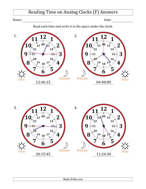 The Reading 24 Hour Time on Analog Clocks in 15 Second Intervals (4 Large Clocks) (F) Math Worksheet Page 2
