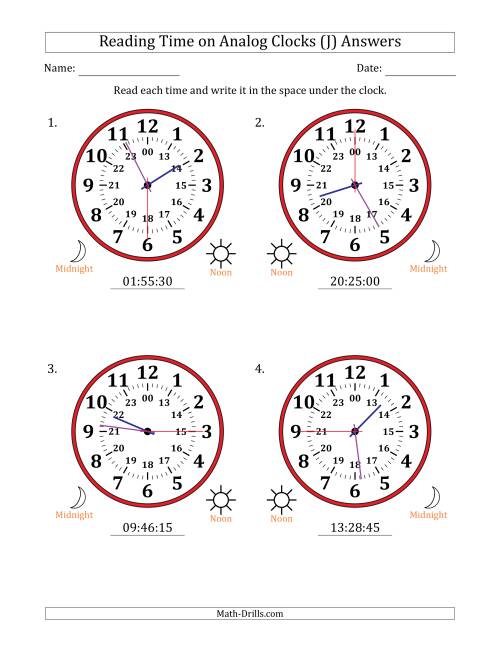 The Reading 24 Hour Time on Analog Clocks in 15 Second Intervals (4 Large Clocks) (J) Math Worksheet Page 2