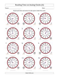 Reading 24 Hour Time on Analog Clocks in 30 Second Intervals (12 Clocks)