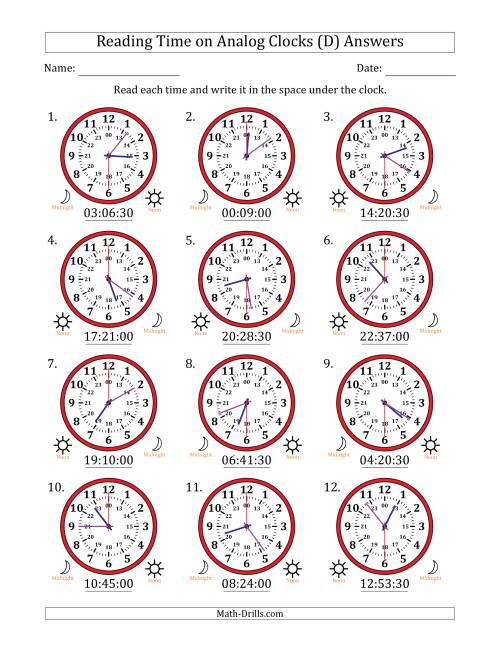 The Reading 24 Hour Time on Analog Clocks in 30 Second Intervals (12 Clocks) (D) Math Worksheet Page 2