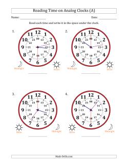 Reading 24 Hour Time on Analog Clocks in 30 Second Intervals (4 Large Clocks)
