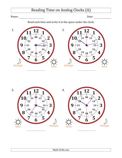 The Reading 24 Hour Time on Analog Clocks in 30 Second Intervals (4 Large Clocks) (A) Math Worksheet