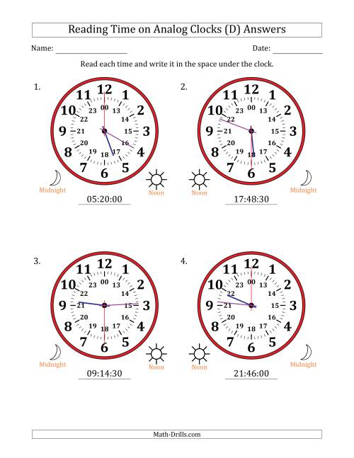 The Reading 24 Hour Time on Analog Clocks in 30 Second Intervals (4 Large Clocks) (D) Math Worksheet Page 2