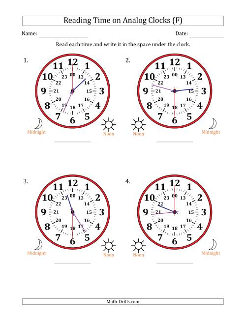 The Reading 24 Hour Time on Analog Clocks in 30 Second Intervals (4 Large Clocks) (F) Math Worksheet