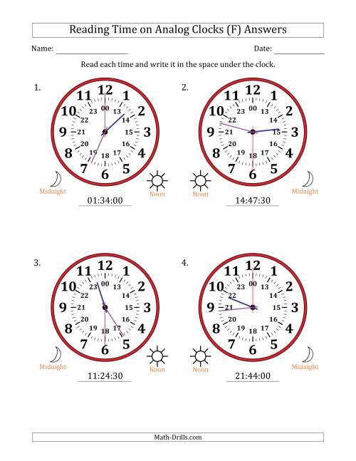 The Reading 24 Hour Time on Analog Clocks in 30 Second Intervals (4 Large Clocks) (F) Math Worksheet Page 2