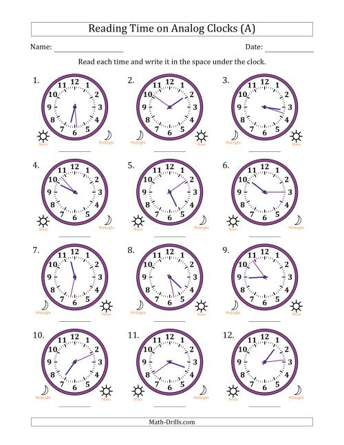 Reading 12 Hour Time on Analog Clocks in 1 Minute Intervals (12 Clocks) (A)