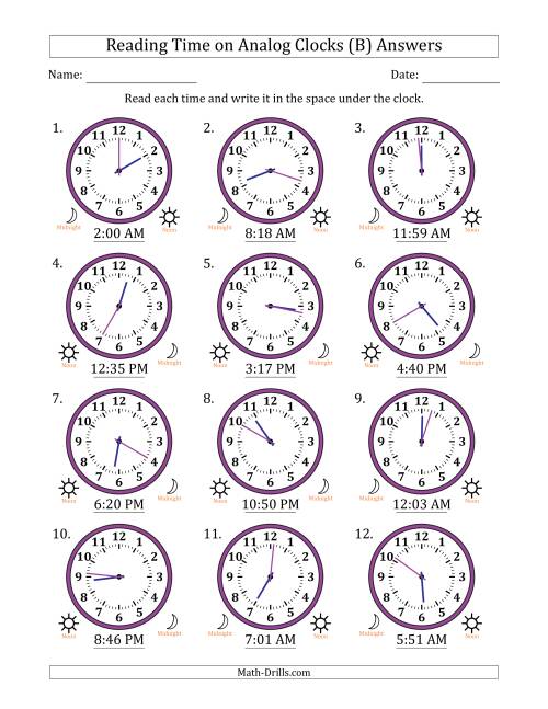 The Reading 12 Hour Time on Analog Clocks in 1 Minute Intervals (12 Clocks) (B) Math Worksheet Page 2