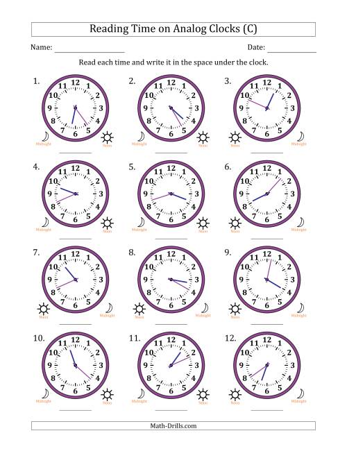 The Reading 12 Hour Time on Analog Clocks in 1 Minute Intervals (12 Clocks) (C) Math Worksheet