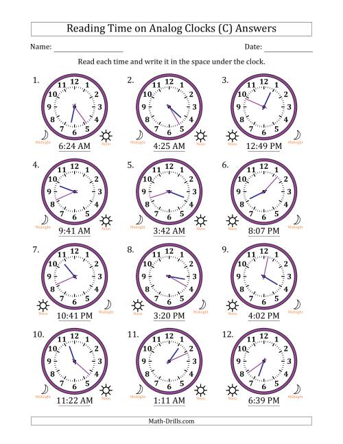 The Reading 12 Hour Time on Analog Clocks in 1 Minute Intervals (12 Clocks) (C) Math Worksheet Page 2