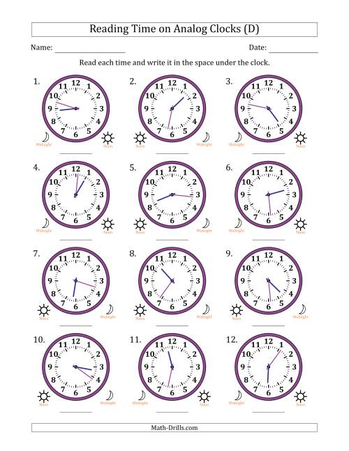 The Reading 12 Hour Time on Analog Clocks in 1 Minute Intervals (12 Clocks) (D) Math Worksheet