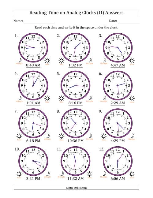 The Reading 12 Hour Time on Analog Clocks in 1 Minute Intervals (12 Clocks) (D) Math Worksheet Page 2