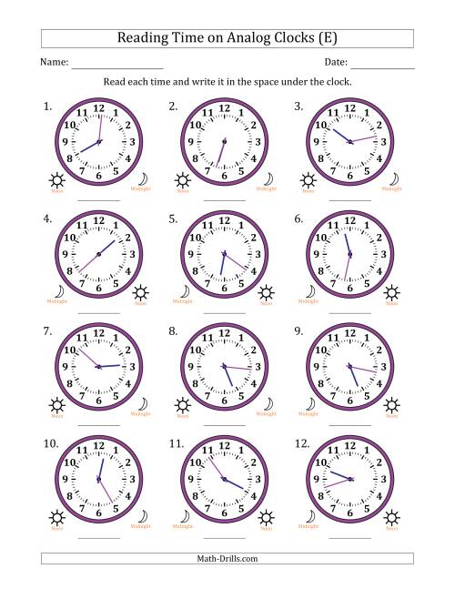 The Reading 12 Hour Time on Analog Clocks in 1 Minute Intervals (12 Clocks) (E) Math Worksheet