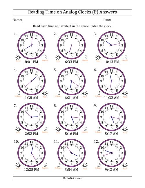 The Reading 12 Hour Time on Analog Clocks in 1 Minute Intervals (12 Clocks) (E) Math Worksheet Page 2