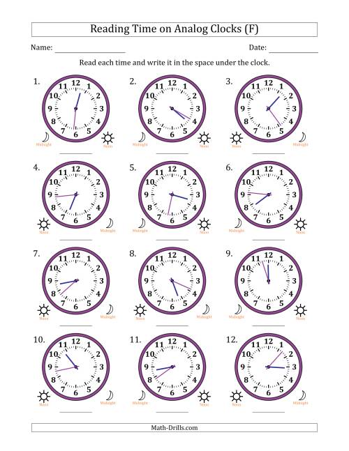 The Reading 12 Hour Time on Analog Clocks in 1 Minute Intervals (12 Clocks) (F) Math Worksheet