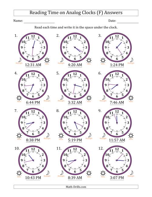 The Reading 12 Hour Time on Analog Clocks in 1 Minute Intervals (12 Clocks) (F) Math Worksheet Page 2
