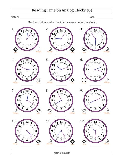 The Reading 12 Hour Time on Analog Clocks in 1 Minute Intervals (12 Clocks) (G) Math Worksheet