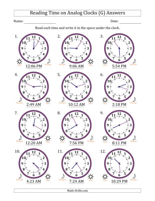 The Reading 12 Hour Time on Analog Clocks in 1 Minute Intervals (12 Clocks) (G) Math Worksheet Page 2
