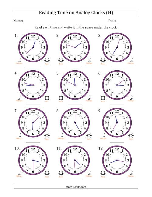 The Reading 12 Hour Time on Analog Clocks in 1 Minute Intervals (12 Clocks) (H) Math Worksheet