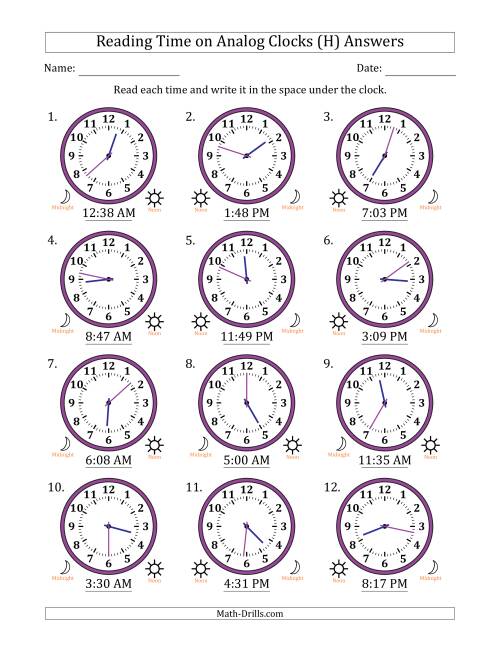 The Reading 12 Hour Time on Analog Clocks in 1 Minute Intervals (12 Clocks) (H) Math Worksheet Page 2