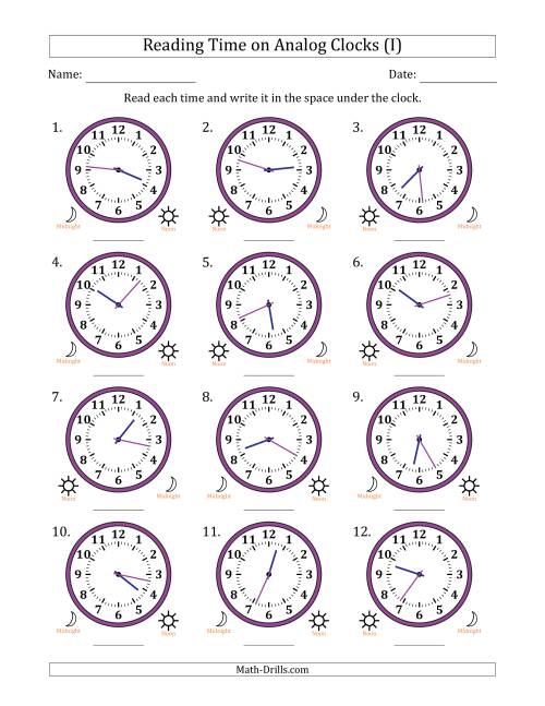 The Reading 12 Hour Time on Analog Clocks in 1 Minute Intervals (12 Clocks) (I) Math Worksheet