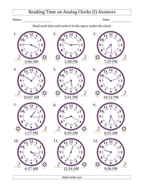 The Reading 12 Hour Time on Analog Clocks in 1 Minute Intervals (12 Clocks) (I) Math Worksheet Page 2