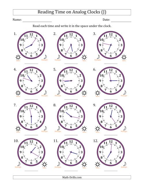 The Reading 12 Hour Time on Analog Clocks in 1 Minute Intervals (12 Clocks) (J) Math Worksheet