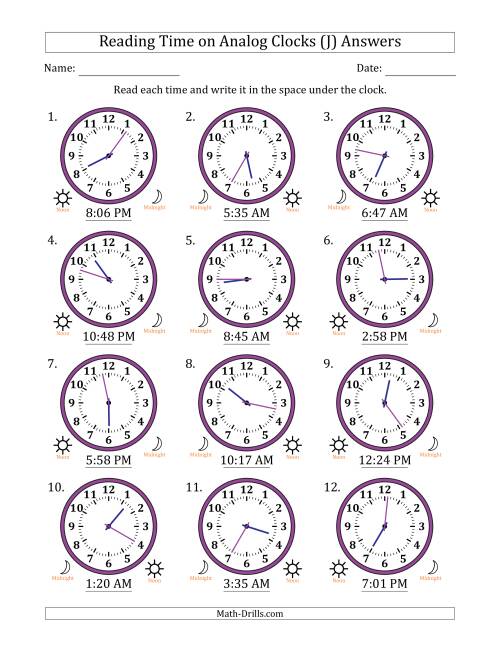 The Reading 12 Hour Time on Analog Clocks in 1 Minute Intervals (12 Clocks) (J) Math Worksheet Page 2